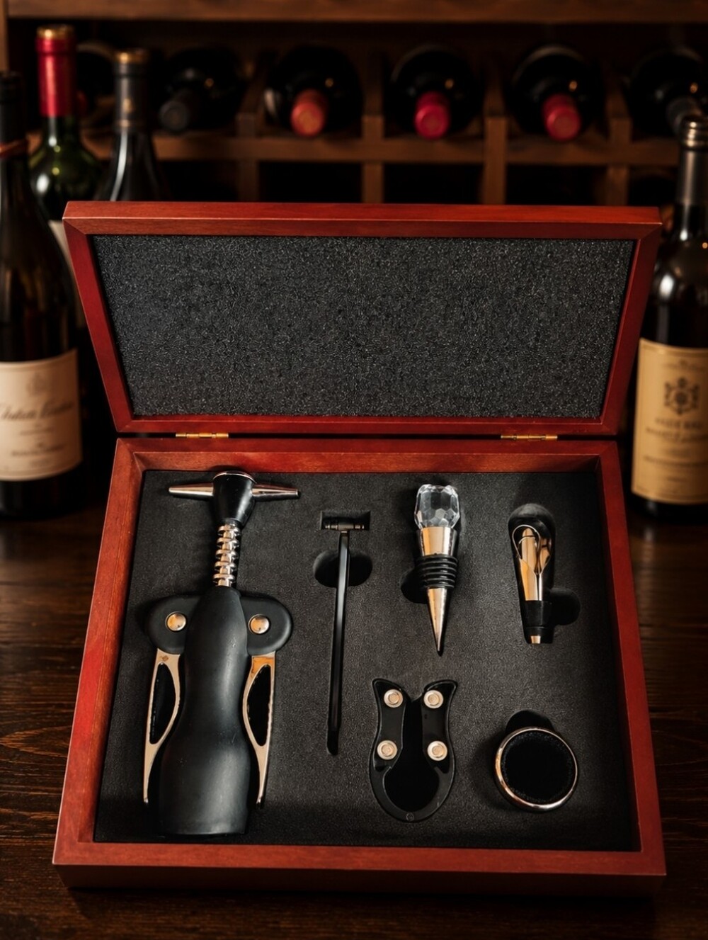 Wine Vino Winery Bottle Stopper Thermometer Accessories Cherry Wood Box Chest